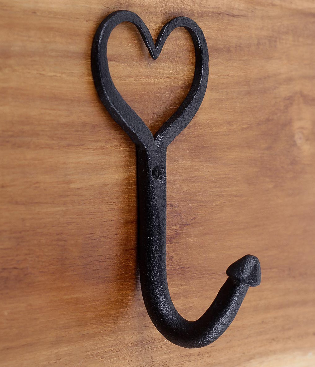 Amish forged black wrought iron solid heart hooks with mounting hardware set 6 