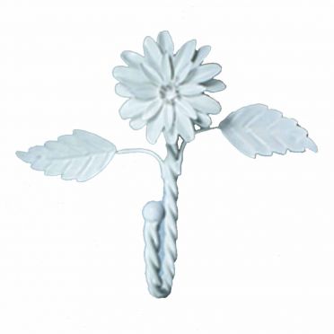  Wrought Iron Single Hook White Zinnia with Leaves 7 Inch